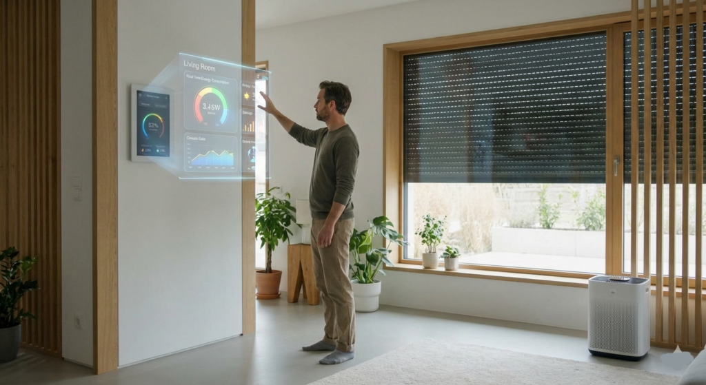 A man using a wall-mounted holographic interface to adjust smart blinds and monitor real-time energy consumption next to an AI air purifier.