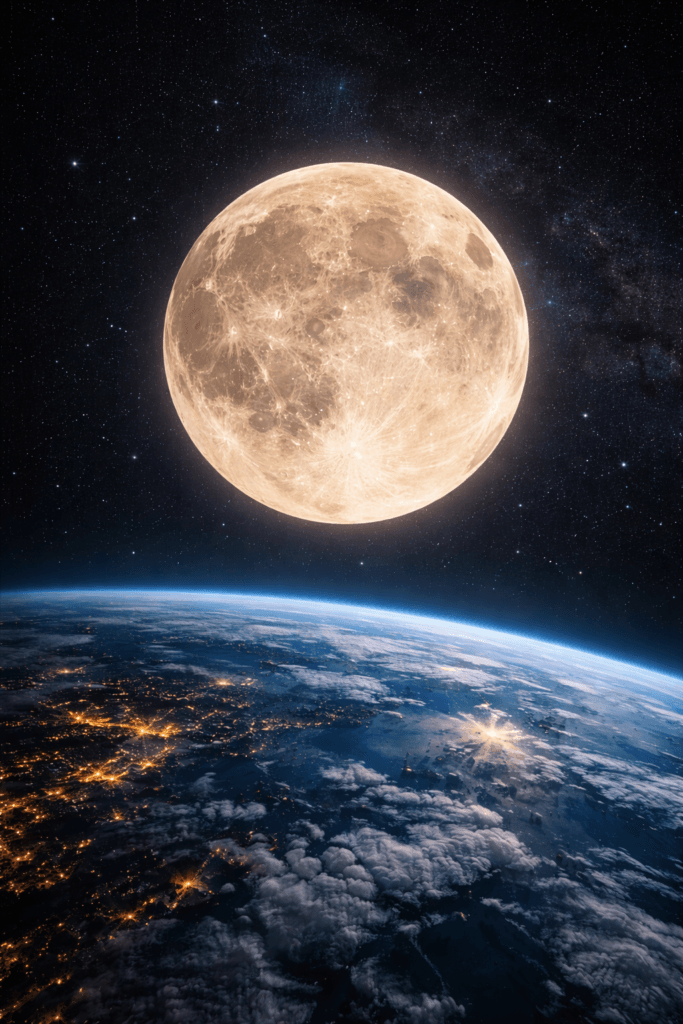 A realistic view of a supermoon appearing larger and brighter as it rises close to Earth