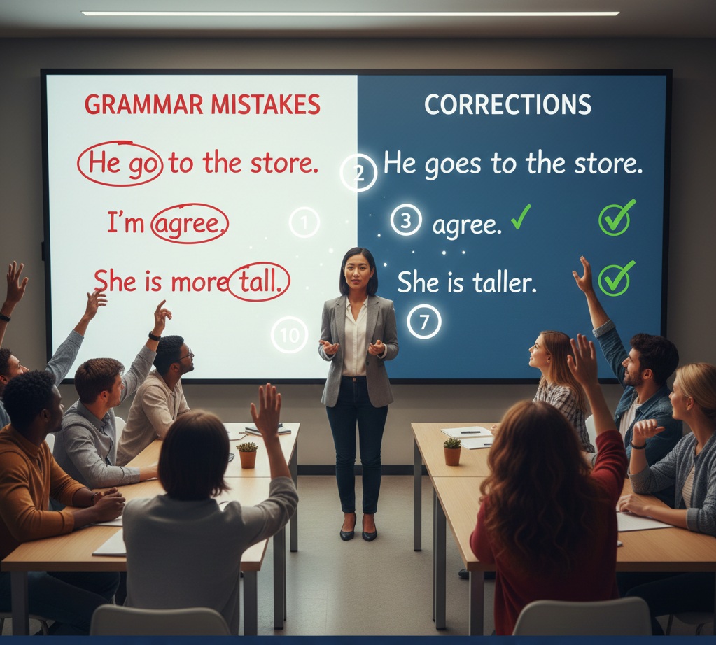 Teacher explaining English grammar to students in a classroom