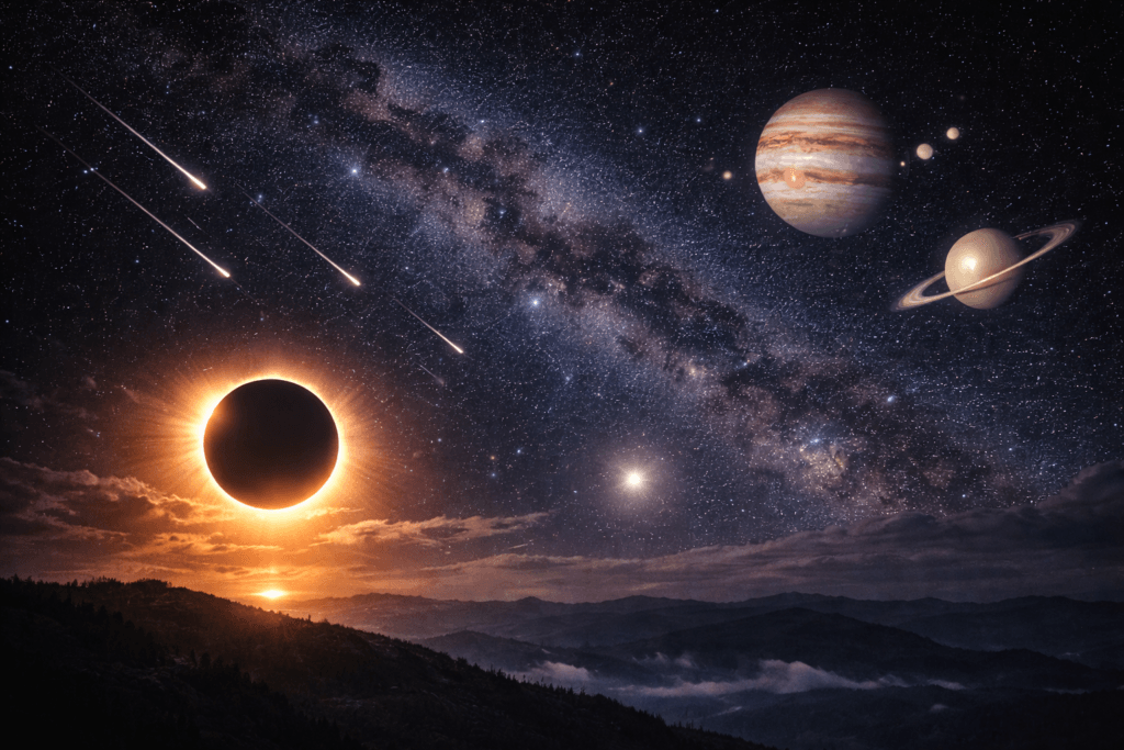 A realistic view of the total solar eclipse in 2026, showing the Sun completely covered by the Moon with nearby planets visible in the night sky