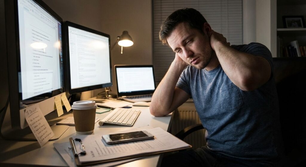 A man at a desk with dual monitors and a coffee cup, holding his neck in pain and looking exhausted from long working hours.