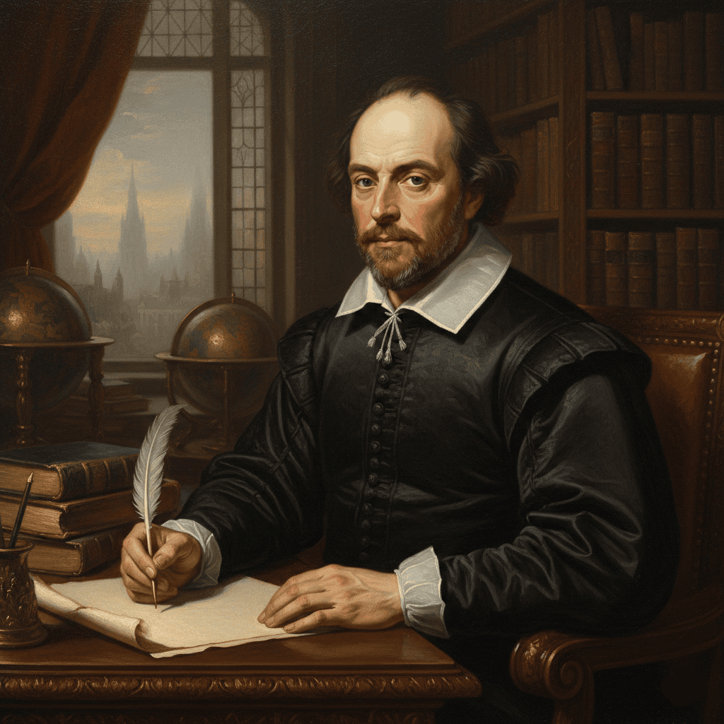 A distinguished, realistic portrait of William Shakespeare with a period collar, quill, and parchment, symbolizing his foundational role in English Literature.