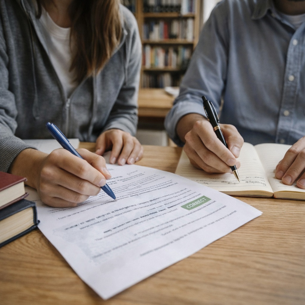Advanced English grammar correction session showing learners reviewing and correcting written text for clarity and accuracy