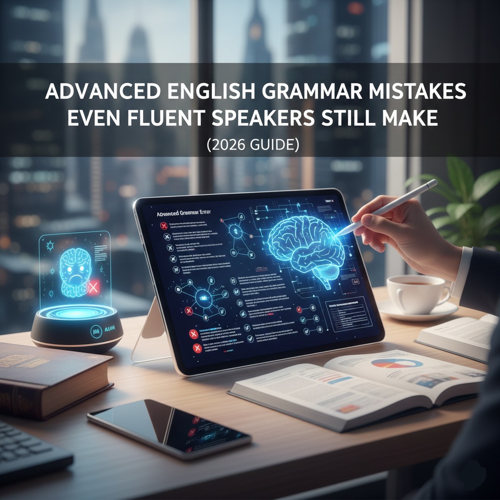 A professional workspace in 2026 showing a tablet displaying advanced grammar analysis and a neural brain icon, representing AI-era language precision.