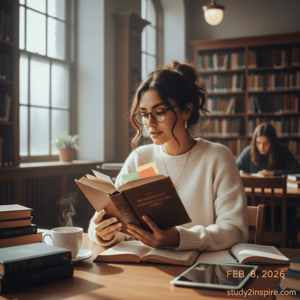 A young woman with glasses studying classic English literature and literary devices in a sunlit library.