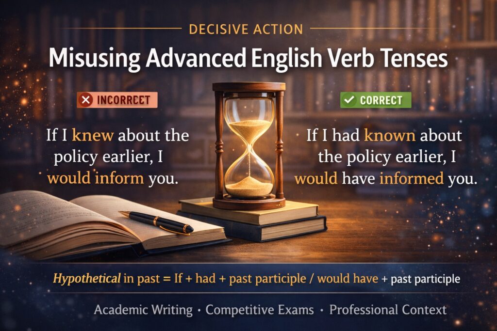 Visual comparison of incorrect and correct advanced English verb tense usage with hypothetical past sentence examples