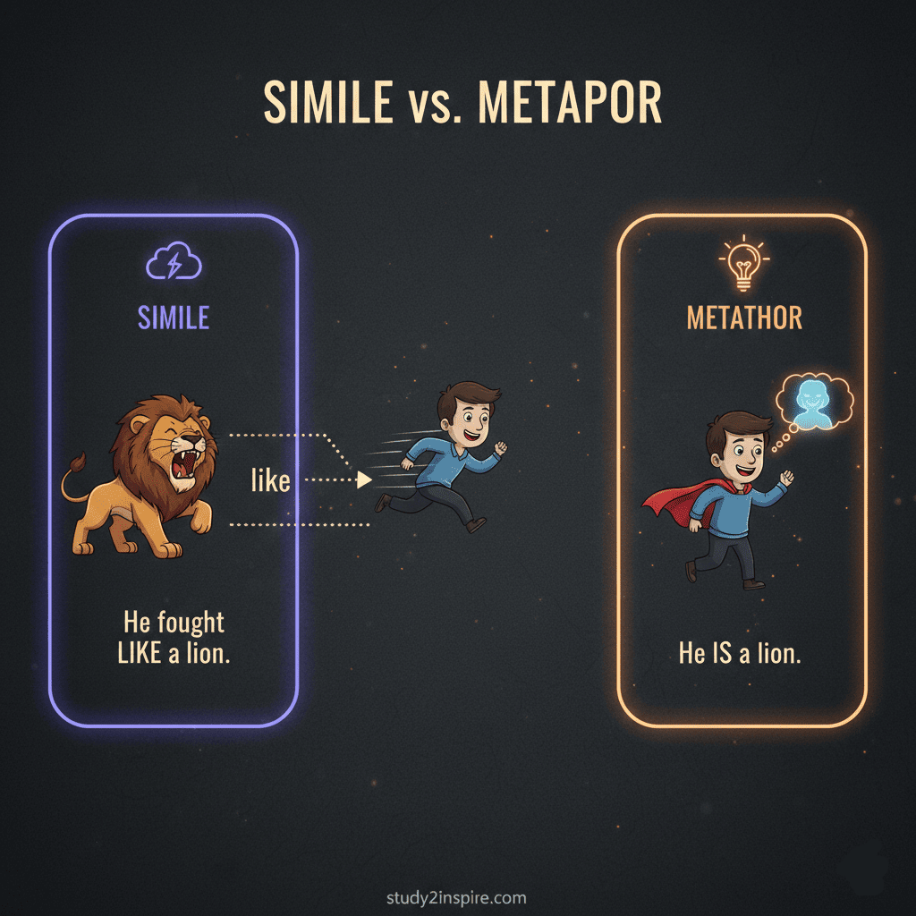 Educational graphic showing examples of a Simile using "like" or "as" and a Metaphor stating one thing is another.