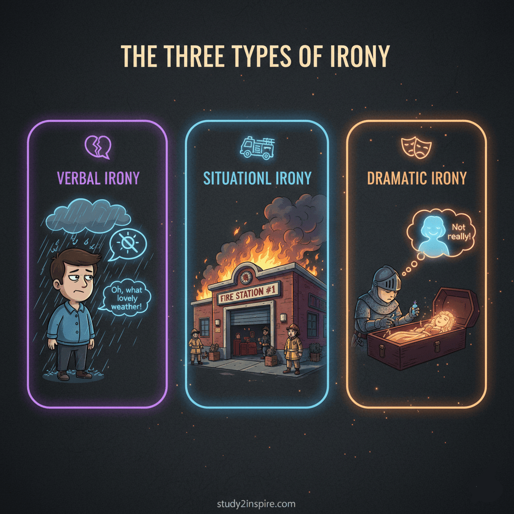 A comparison chart showing the differences between Situational Irony, Verbal Irony, and Sarcasm with examples.